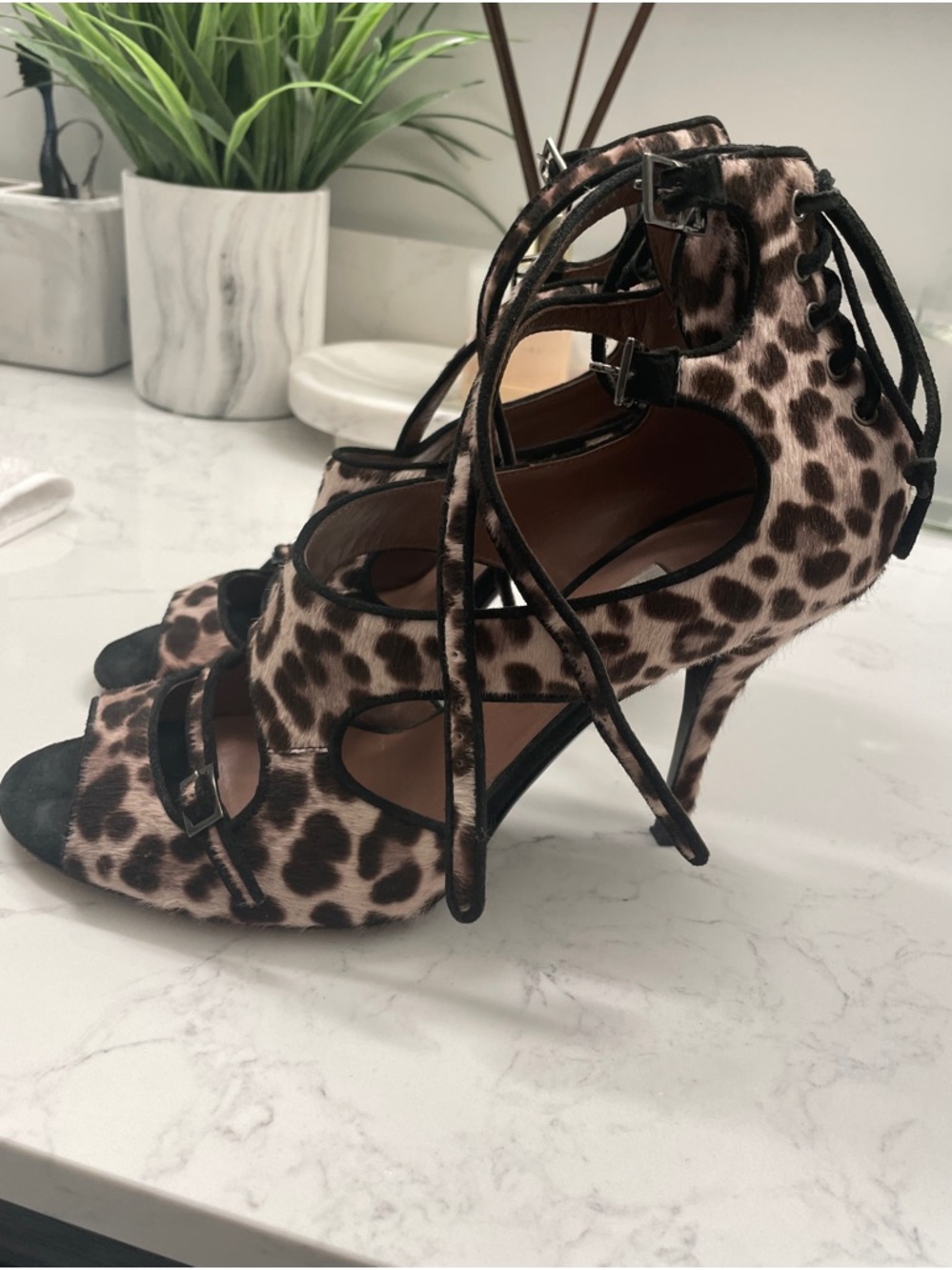 Tabitha Simmons Leopard-Print Double-Strap Peep-Toe Heel - Brown/Black - Picture 6 of 7